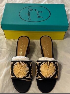 Jack Rogers Bettina Mid Heel Mules Size 6M Midnight & Tan NEW